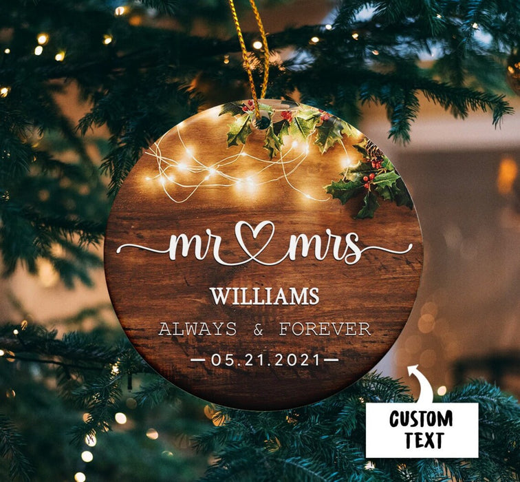 Personalized Circle Ornament For Wife Husband Mr & Mrs Always & Forever Custom Names & Date Print Poinsettia & Lights