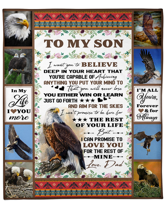 Personalized Premium Blaket To My Son From Dad Rustic Floral & Eagle Fleece Blankets Custom Name