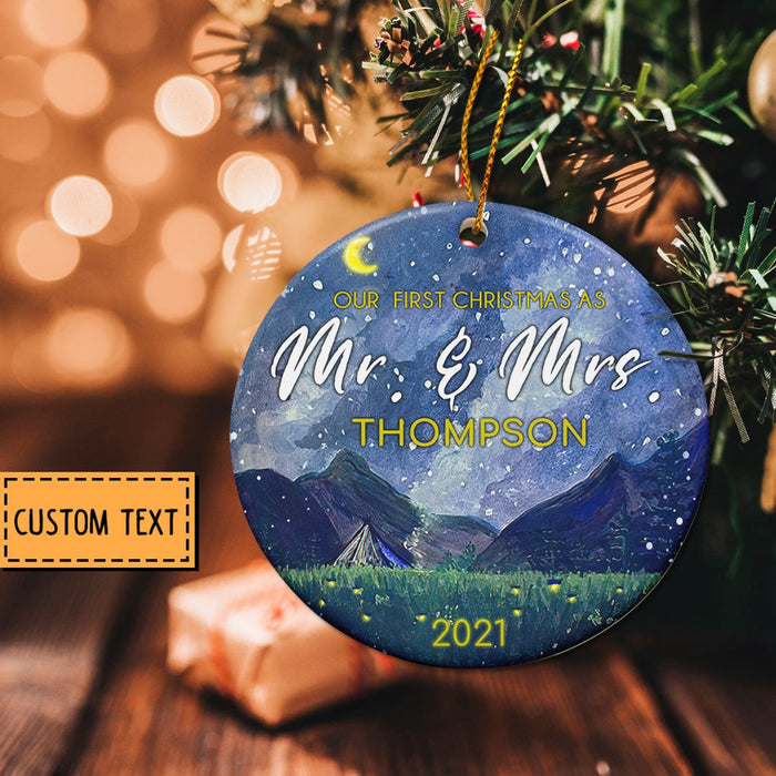 Personalized Ornament For Newlywed Our First Christmas As Mr & Mrs Print Moutain & Firefly Custom Family Name & Year