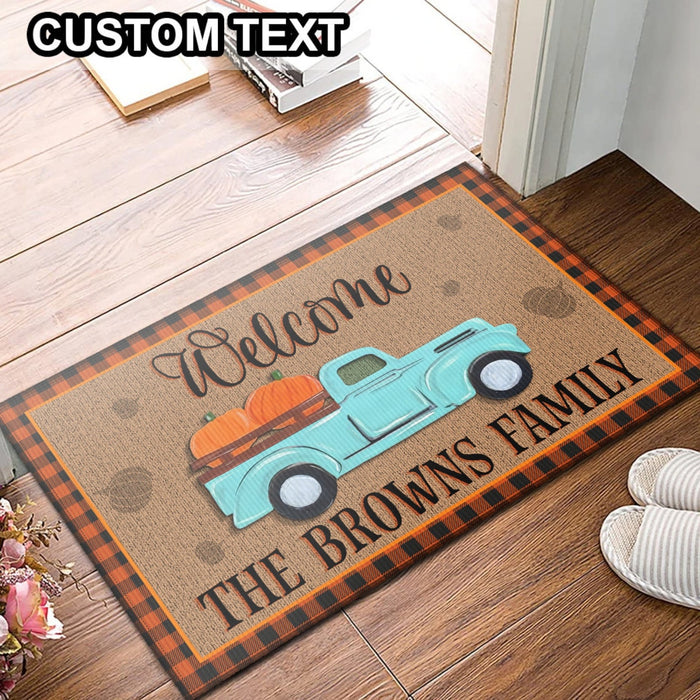 Personalized Welcome Doormat Pumpkin Truck Printed With Plaid Border Custom Family Name Fall Doormat