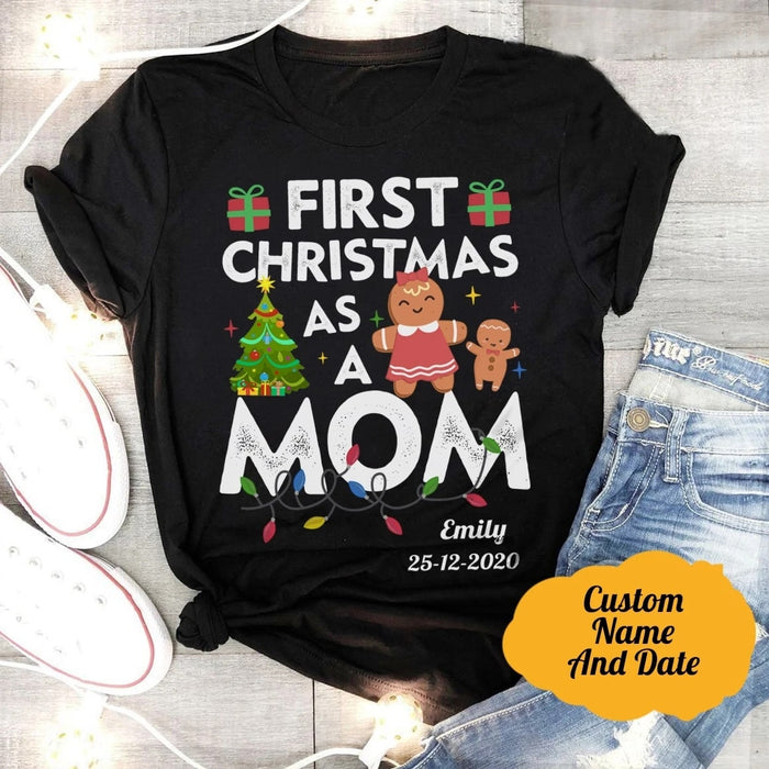 Personalized First Christmas As A Mom Gingerbread T-shirt For New Mother To Be Custom Name And Date Xmas Tree Light Tee