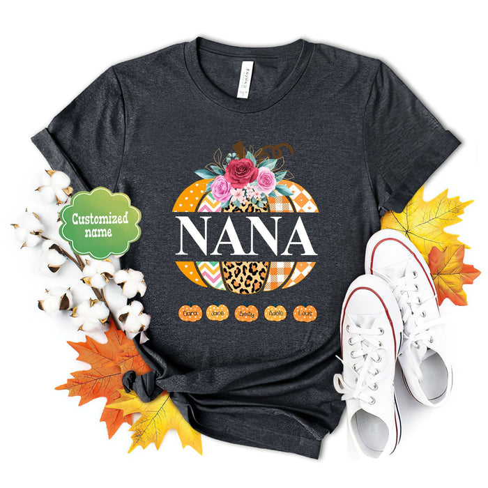 Personalized T-Shirt For Grandma Nana Plaid Leopard Stripe Pumpkin With Flower Printed Custom Grandkids Name Fall Shirt