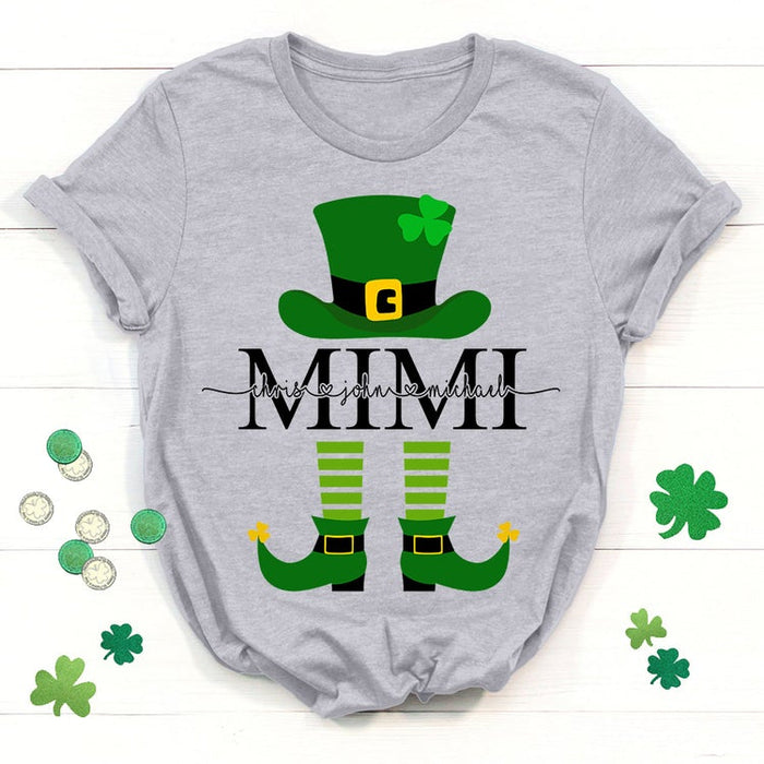 Personalized Patrick'S Day T-Shirt For Grandma Mimi Leprechaun Monogram Design Custom Grandkids Name