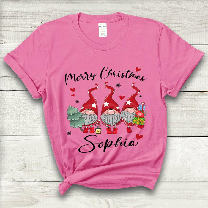 Personalized Unisex T-Shirt Merry Christmas Cute Gnome With Xmas Tree Heart & Snowflake Printed Custom Name