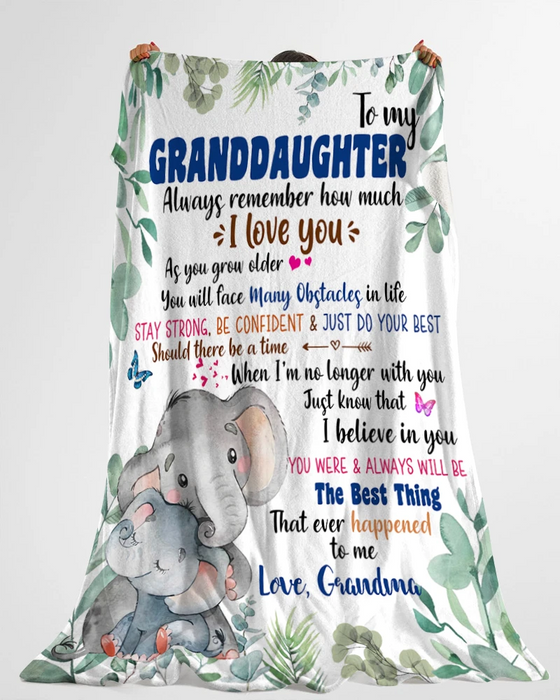 Personalized Blanket To My Granddaughter From Grandma Always Remember How Much I Love You Cute Elephant & Leaves Printed