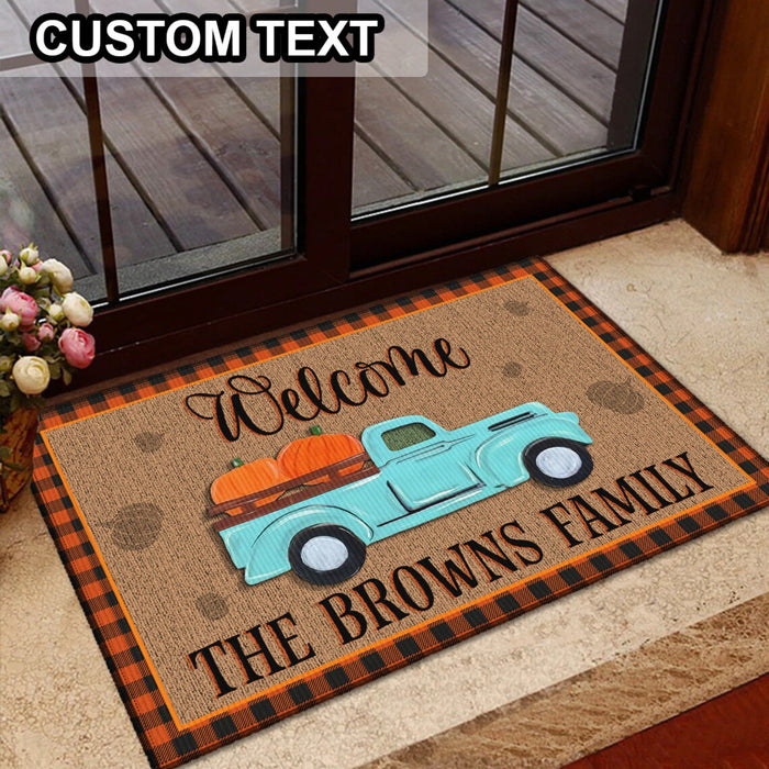 Personalized Welcome Doormat Pumpkin Truck Printed With Plaid Border Custom Family Name Fall Doormat