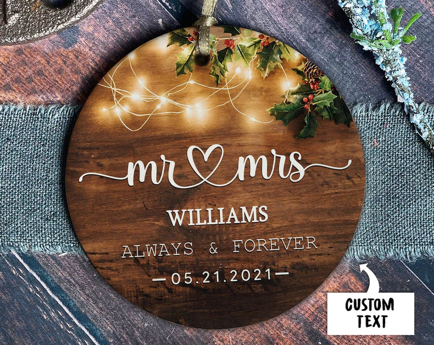 Personalized Circle Ornament For Wife Husband Mr & Mrs Always & Forever Custom Names & Date Print Poinsettia & Lights