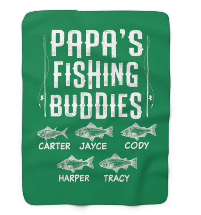 Personalized Blanket For Fishing Lover Dad Grandpa Papa'S Fishing Buddies Print Fishing Rods & Fish Custom Kids Name