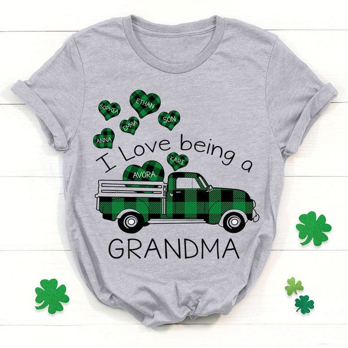 Personalized Patrick'S Day T-Shirt I Love Being A Grandma Green Plaid Heart Truck Custom Grandkids Name