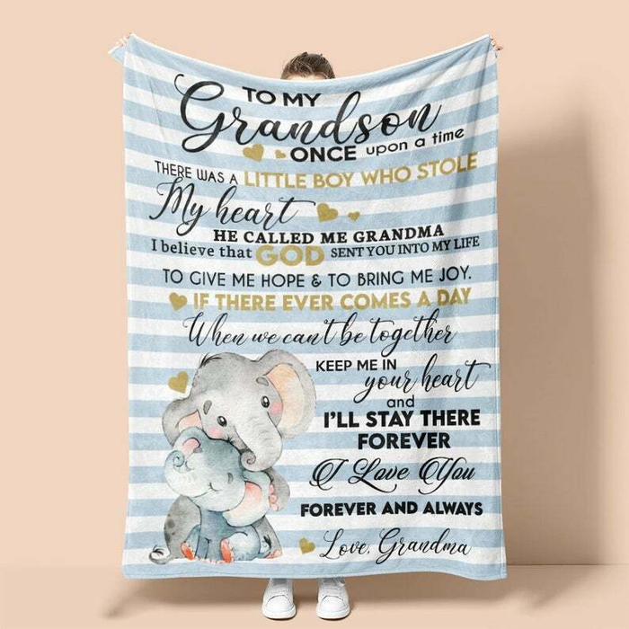 Personalized Blanket To My Grandson From Grandma I Love You Cute Funny Old And Baby Elephant Printed Custom Name