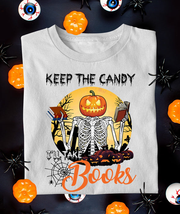 Classic T-Shirt For Reading Lovers Keep The Candy I'll Take The Books Skeleton With Pumpkin Lantern Head Halloween Shirt