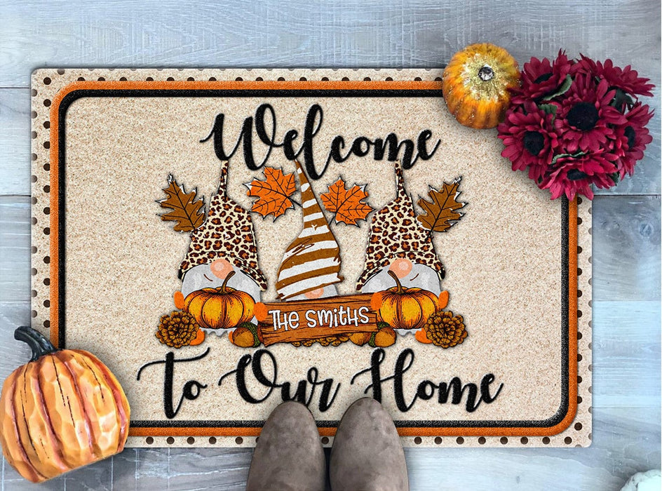 Personalized Doormat Welcome To Our Home Cute Gnome With Pumpkin Printed Leopard Stripe Design Custom Family Name