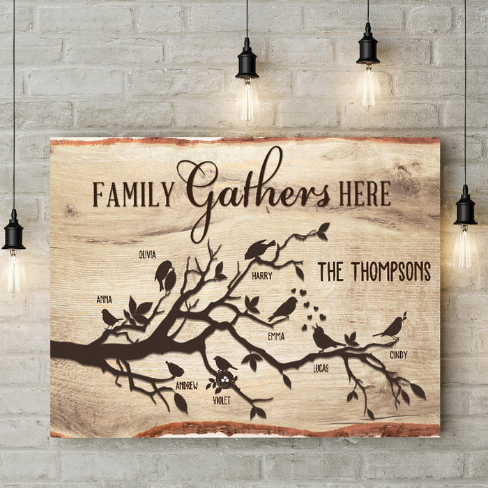 Personalized Wall Art Canvas For Family Tree And Birds Wooden Background Poster Print Custom Multi Name