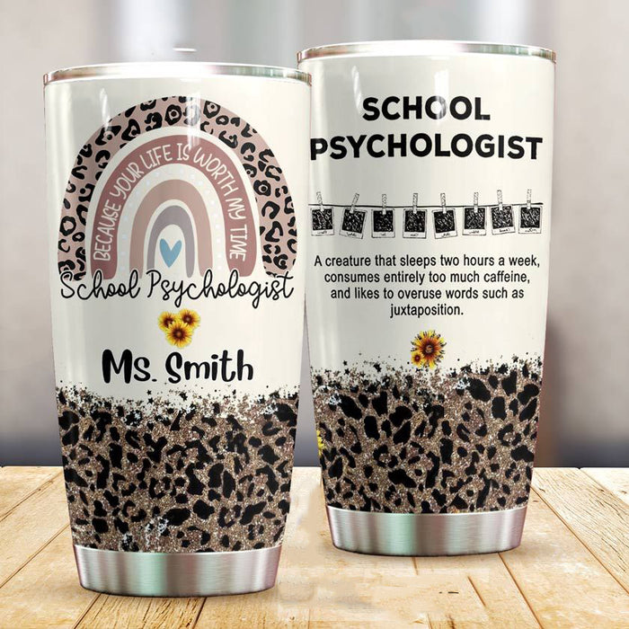 Personalized Travel Cup For Teacher School Psychologist Leopard Rainbow 20oz Tumbler Custom Name Back To School Gifts