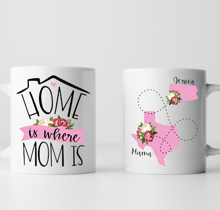 Personalized Coffee Mug For Mom Family Home Is Where Mom Is House Floral Custom Name White Cup Long Distance Touch Gifts
