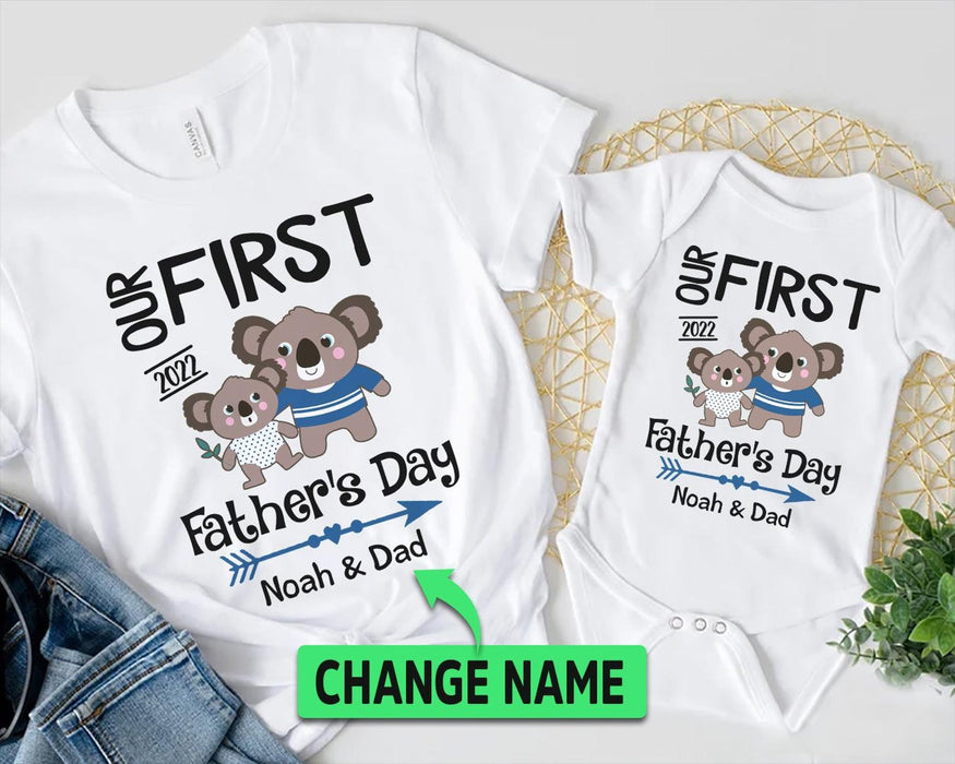 Personalized Matching T-Shirt & Baby Onesie Our First Father's Day Cute Funny Koala Custom Name Daddy & Baby Set