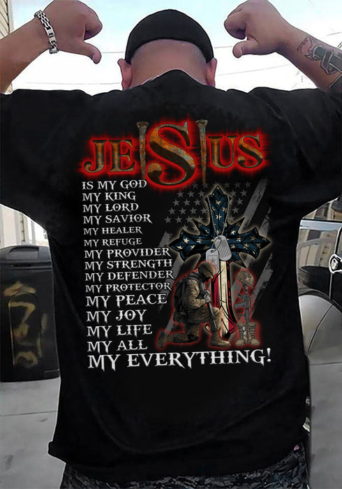 Classic T-Shirt For Men Jesus Is My God My King My Lord Christ Cross & American Soldier With US Flag Printed