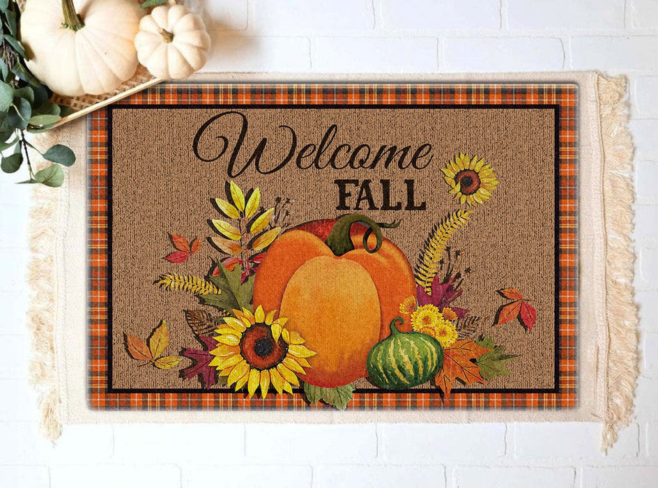 Welcome Doormat For Fall Lovers Cute Pumpkin With Fruit Sunflower And Maple Leaves Printed Plaid Design Fall Doormat