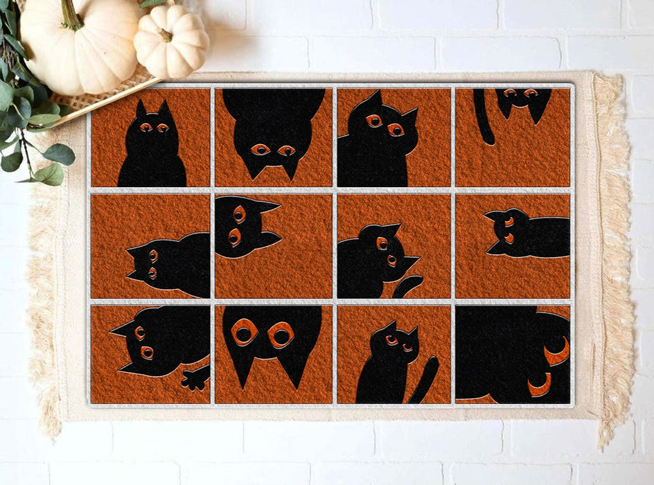Welcome Doormat Cute Peeking Black Cat Printed Orange Background Doormat Happy Halloween Doormat For Cat Lovers