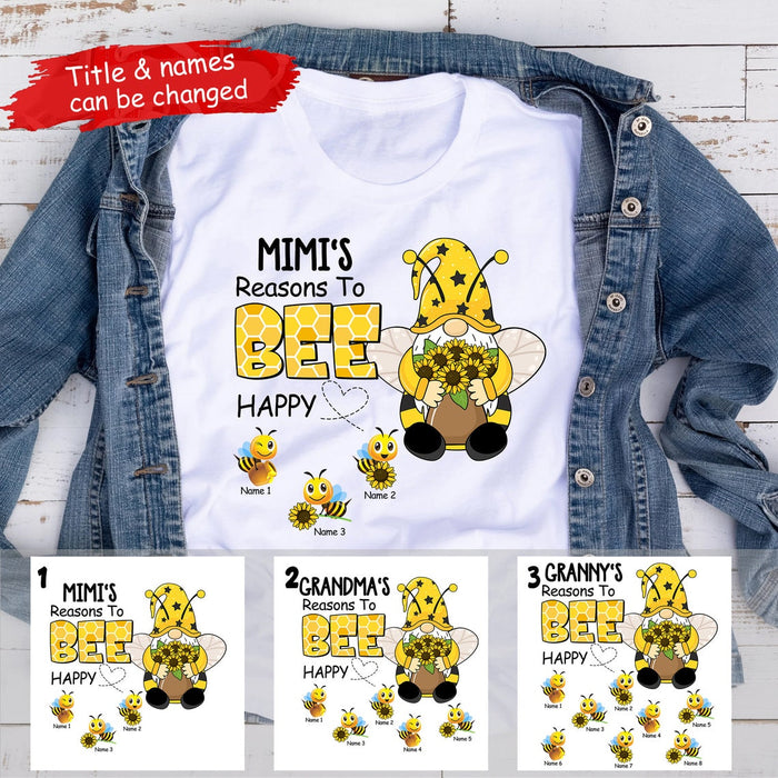 Personalized T-Shirt For Grandma Mimi's Reasons To Bee Happy Cute Gnome With Sunflower Printed Custom Grandkids Name