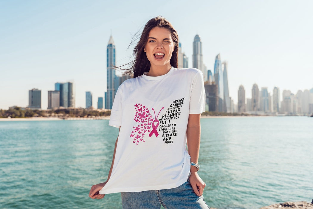 Classic T-Shirt Breast Cancer Is A Journey I Never Planed Or Asked For Butterfly & Pink Ribbon Printed Shirt