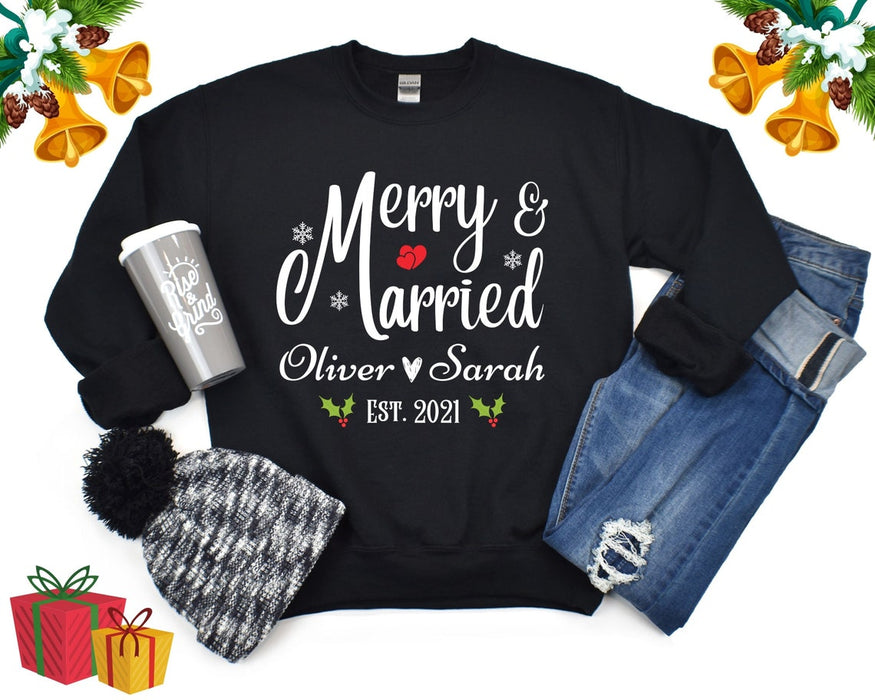 Personalized Matching Sweatshirt For Couple Merry And Married Newlywed Christmas Sweatshirt Custom Names & Year