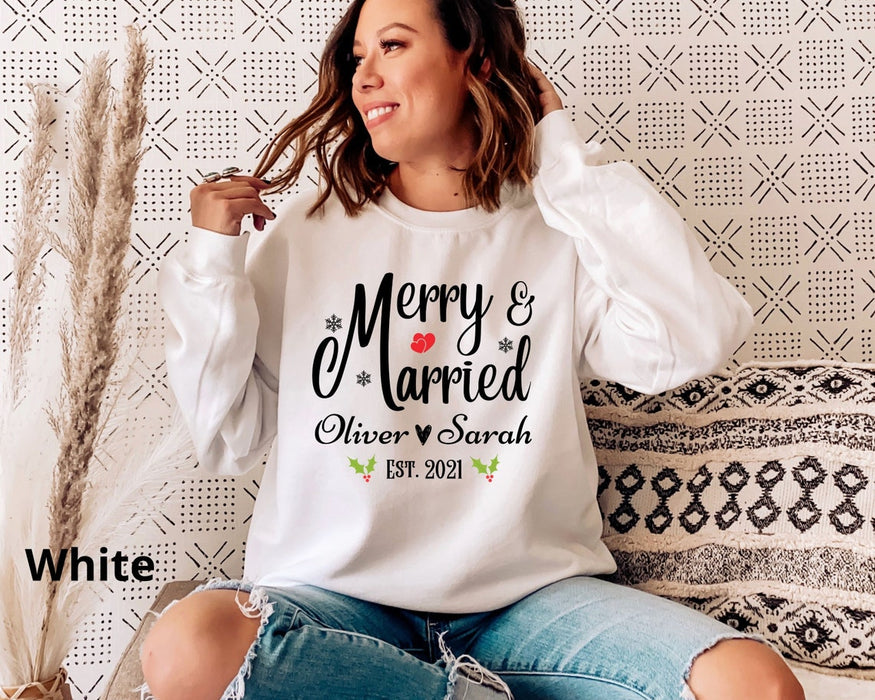 Personalized Matching Sweatshirt For Couple Merry And Married Newlywed Christmas Sweatshirt Custom Names & Year
