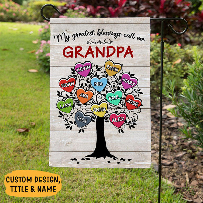 Personalized Garden Flag For Grandma Grandpa Tree & Colorful Heart Print Wooden Custom Grandkids Name Welcome Flag