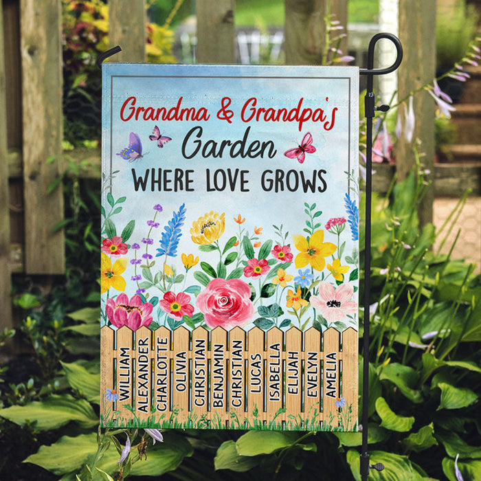 Personalized Garden Flag For Grandma & Grandpa's Garden Where Love Grows Custom Grandkids Name Welcome Flag