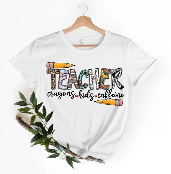 Classic T-Shirt For Teachers Crayons Kids Caffeine Pencil Print Leopard Design Custom Name Back To School Outfit