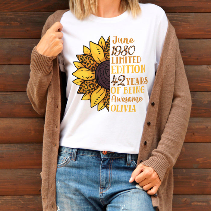 Personalized Happy Birthday T-Shirt Limited Edition Of Being Awesome Sunflower & Leopard Design Custom Month & Year