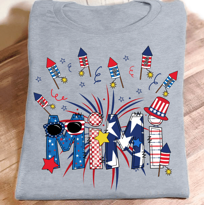Personalized T-Shirt For Grandma Glasses & Firecrackers USA Flag Design Custom Grandkids Name 4th Of July Shirt