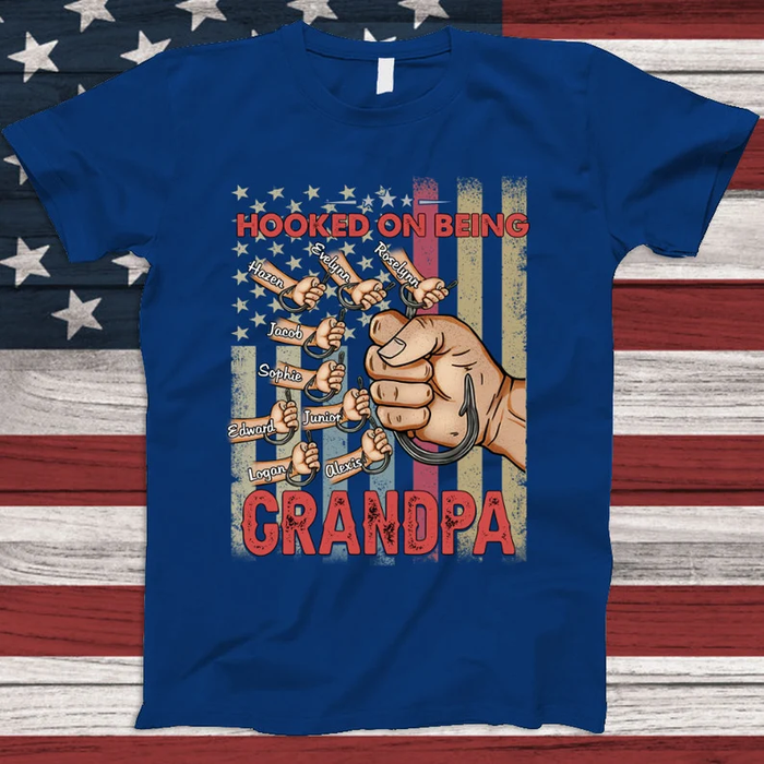 Personalized T-Shirt For Fishing Lovers To Grandpa Fist Bump Retro Design Hooks Print Custom Grandkids Name
