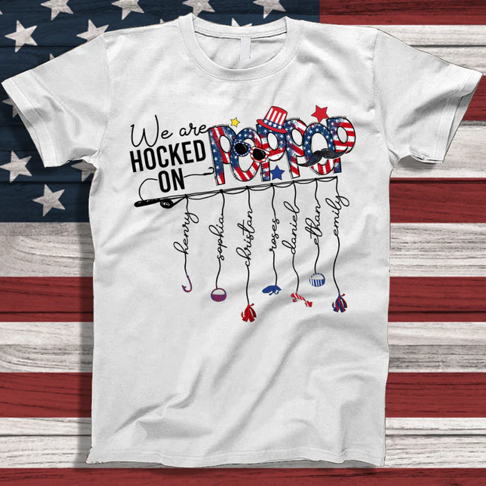 Personalized T-Shirt For Fishing Lovers To Grandpa Rod Print USA Flag Design Custom Grandkids Name 4th Of July Shirt