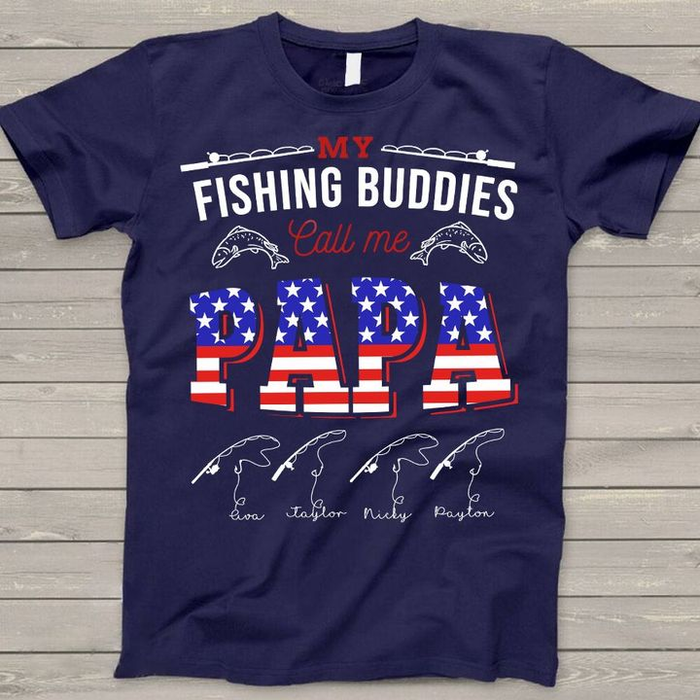 Personalized T-Shirt For Fishing Lovers To Grandpa USA Flag Design Rod Print Custom Grandkids Name 4th July Day Shirt