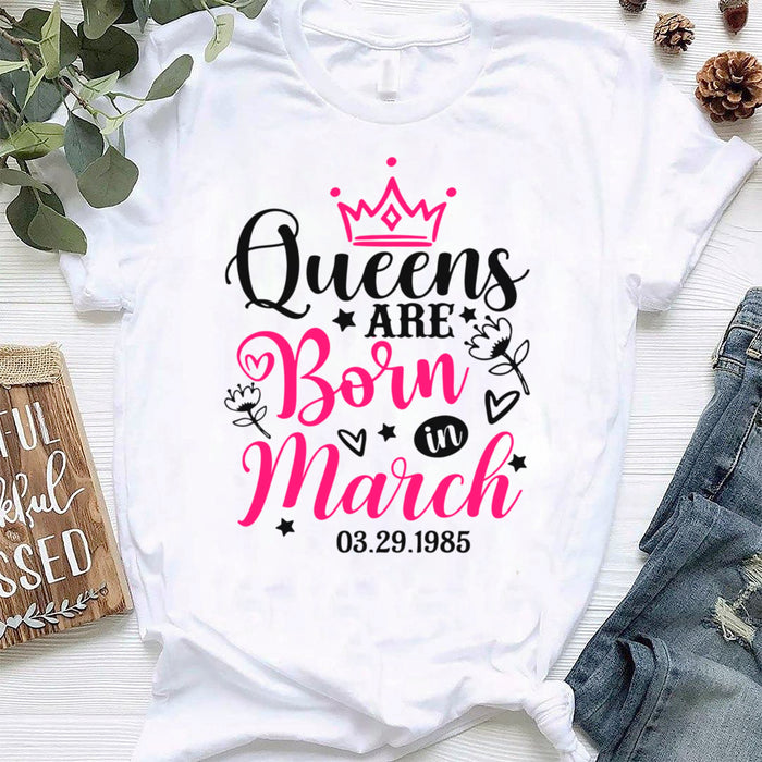 Personalized Happy Birthday T-Shirt For Women Queens Are Born In Crown & Flower Print Custom Date Bday Shirt