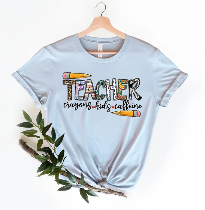 Classic T-Shirt For Teachers Crayons Kids Caffeine Pencil Print Leopard Design Custom Name Back To School Outfit