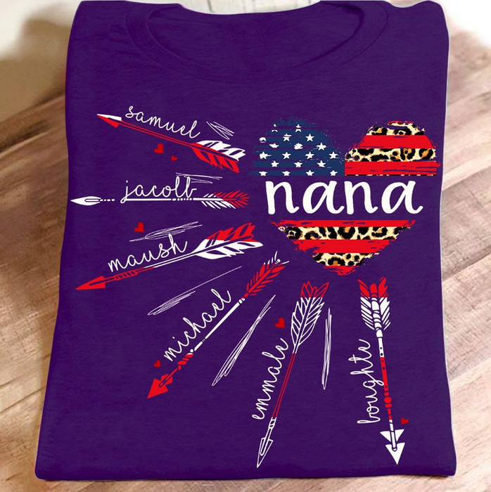 Personalized T-Shirt For Grandma Arrow & Heart Print USA Flag Leopard Design Custom Grandkids Name 4th Of July Shirt