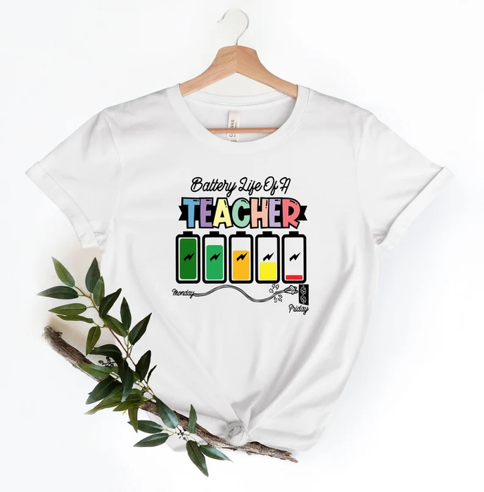 Classic Unisex T-Shirt For Teachers Battery Life Of A Teacher Colorful Style Funny Design Back To School Outfit