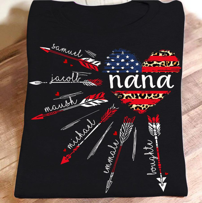 Personalized T-Shirt For Grandma Arrow & Heart Print USA Flag Leopard Design Custom Grandkids Name 4th Of July Shirt