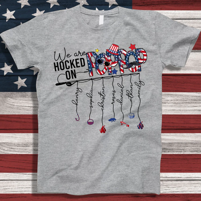 Personalized T-Shirt For Fishing Lovers To Grandpa Rod Print USA Flag Design Custom Grandkids Name 4th Of July Shirt