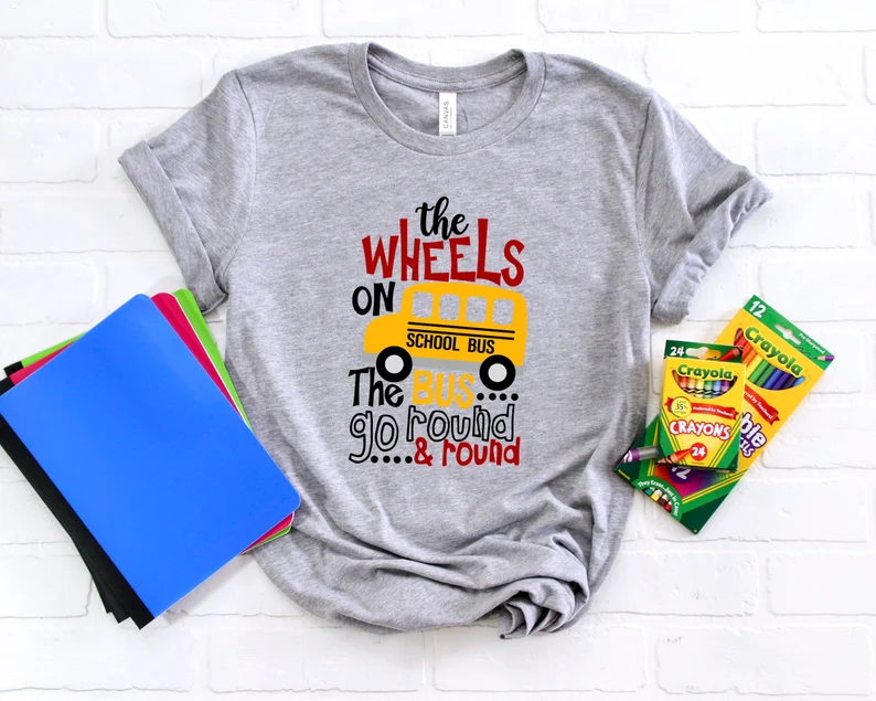 Classic Unisex T-Shirt For Kids The Wheels On School Bus Go Round And Round Unique Back To School Outfit