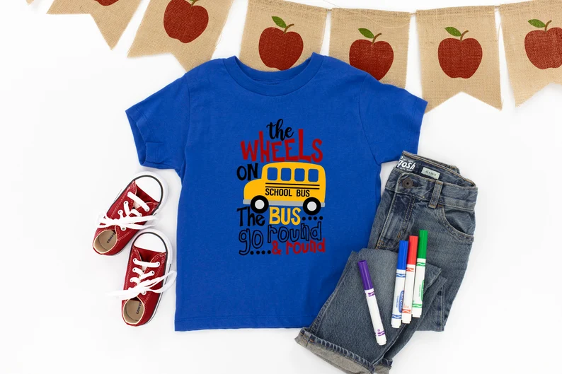 Classic Unisex T-Shirt For Kids The Wheels On School Bus Go Round And Round Unique Back To School Outfit