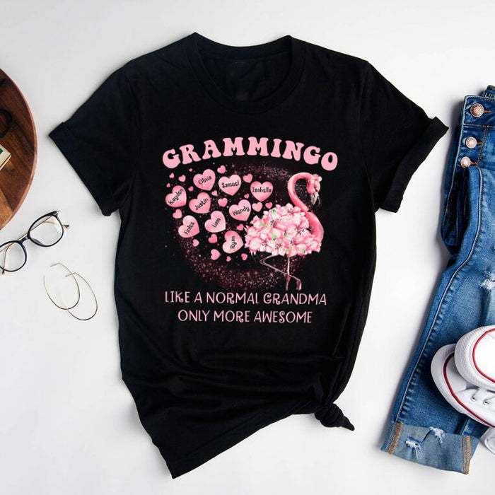 Personalized T-Shirt For Grandma Mimimingo Flamingo Design Heart Print Custom Grandkids Name Mother's Day Shirt