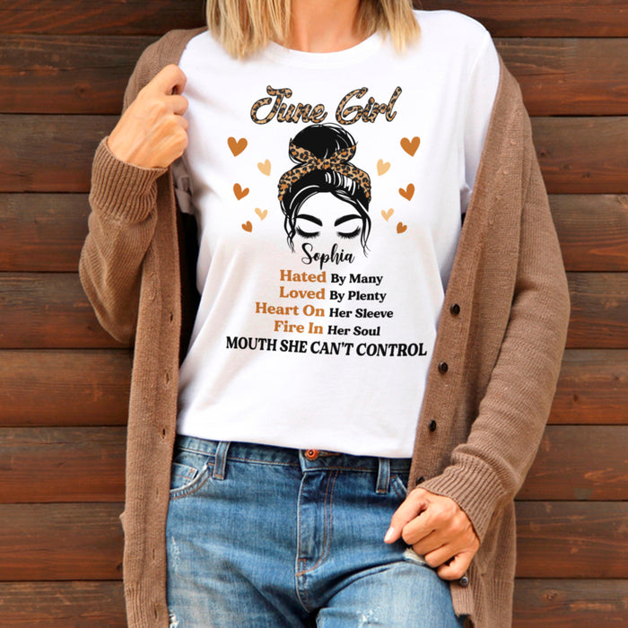 Personalized Happy Birthday T-Shirt For Women June Girl Leopard Design Cute Heart Print Custom Month Bday Shirt