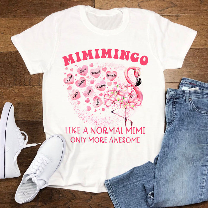 Personalized T-Shirt For Grandma Mimimingo Flamingo Design Heart Print Custom Grandkids Name Mother's Day Shirt