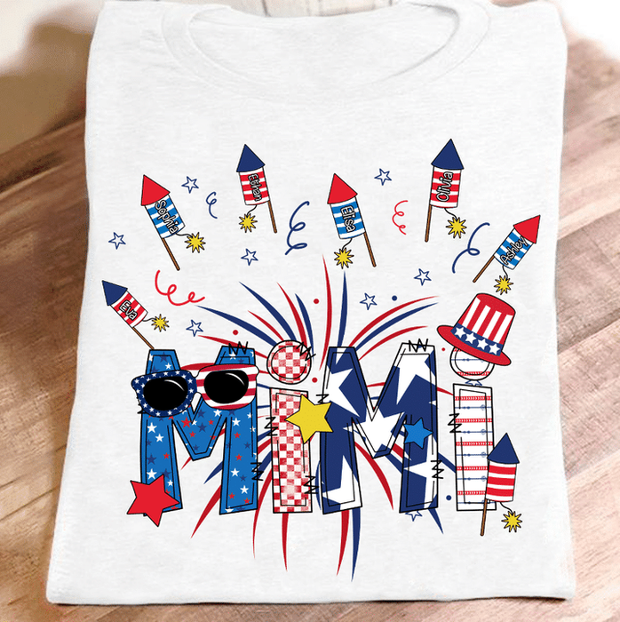 Personalized T-Shirt For Grandma Glasses & Firecrackers USA Flag Design Custom Grandkids Name 4th Of July Shirt