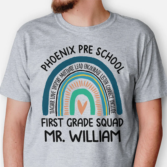 Personalized T-Shirt For Teachers First Grade Squad Colorful Rainbow Design Custom Name Back To School Outfit