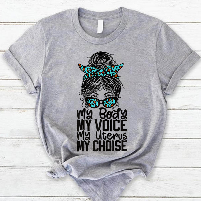 Classic Abortion Rights T-Shirt For Women My Body My Voice My Choice Messy Bun Leopard Design Unique Shirt