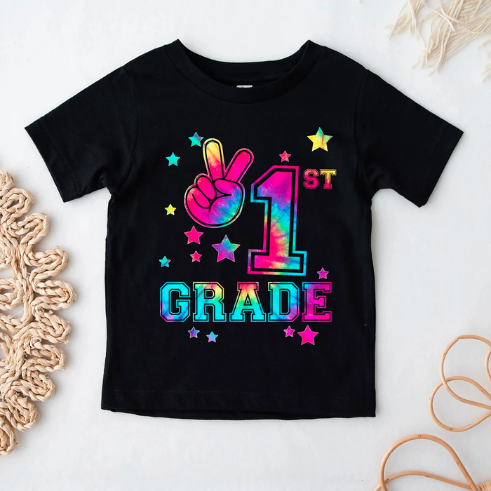 Personalized T-Shirt For Kid Hello First Grade V Hand Sign Print Tie Dye Design Custom Name Back To School Outfit